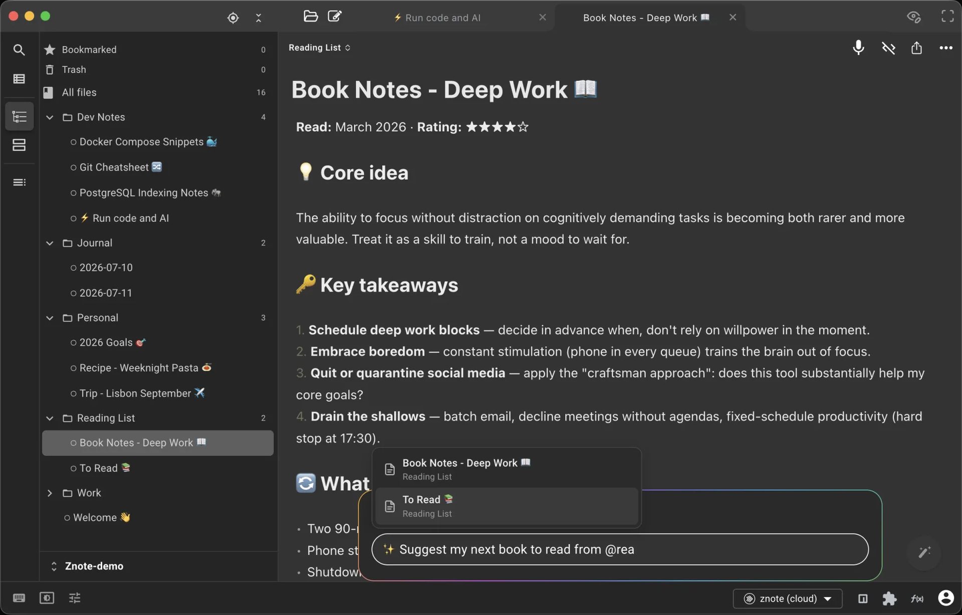 Znote — typing @ to hand the AI a note, with the answer landing inline
